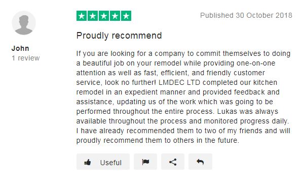 Proudly recommend If you are looking for a company to commit themselves to doing a beautiful job on your remodel while providing one-on-one attention as well as fast, efficient, and friendly customer service, look no further! LMDEC LTD completed our kitchen remodel in an expedient manner and provided feedback and assistance, updating us of the work which was going to be performed throughout the entire process. Lukas was always available throughout the process and monitored progress daily. I have already recommended them to two of my friends and will proudly recommend them to others in the future.