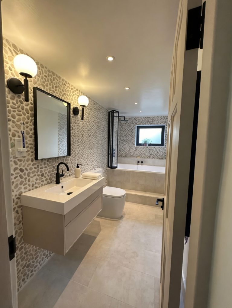 Bathroom renovation South London by LMDEC LTD — Dulwich freestanding white tub with walk-in glass shower and geometric Victorian tiles