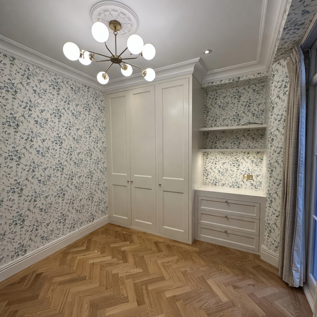 Rooms Gallery by LMDEC LTD Custom white wardrobe and built-in dressing area with herringbone floor Pimlico