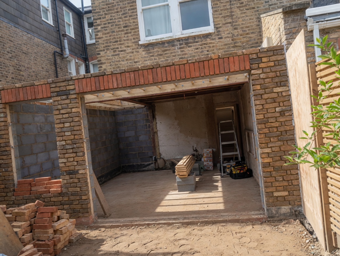 Open-plan kitchen extension in progress with new brickwork in Balham