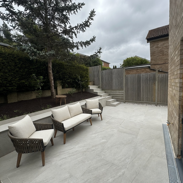 Garden tiling and house extension in South London with new patio, landscaping and modern extension