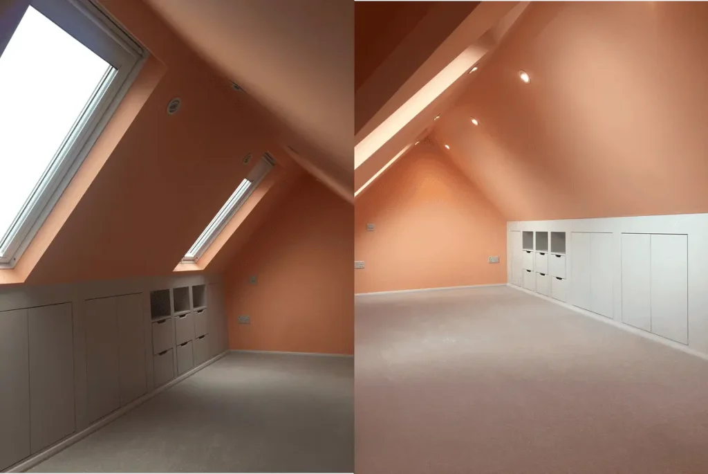 Double bedroom with en-suite inside a hip-to-gable loft conversion by LMDEC Ltd – the standard we deliver in Banstead