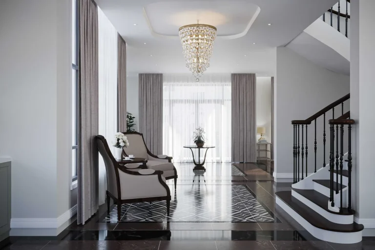 Luxurious grand hallway with crystal chandelier, elegant staircase and polished marble floor – high-end home refurbishment project by LMDEC Ltd London