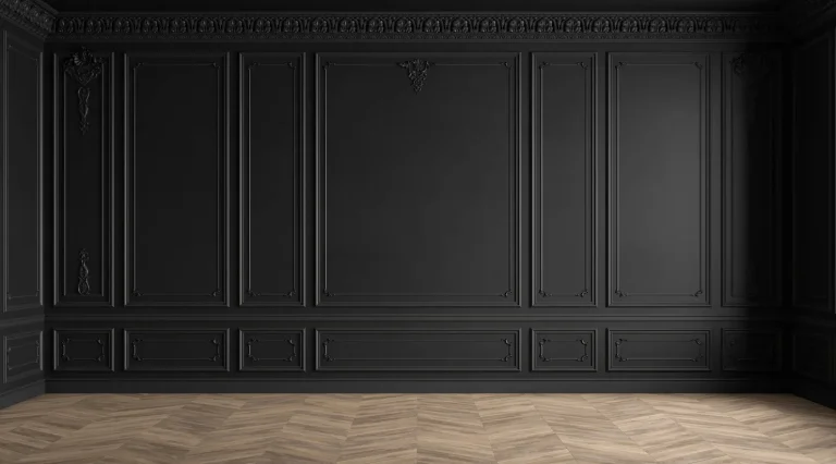Luxury black panelled wall with herringbone oak flooring after high-end property refurbishment – premium interior renovation by LMDEC Ltd South London